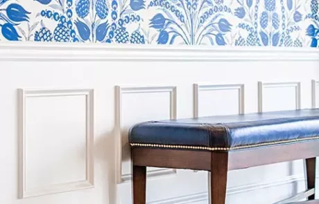 Blue and White Foyer with Blue Leather and Wood Bench