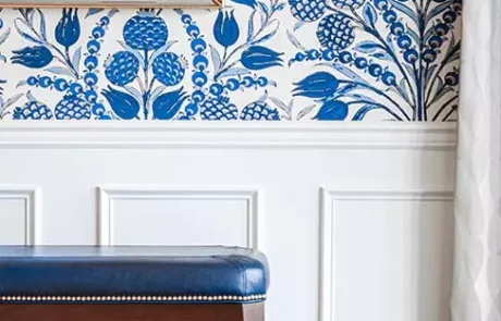 Blue and White Wallpaper in a Foyer with Blue Leather and Wood Bench